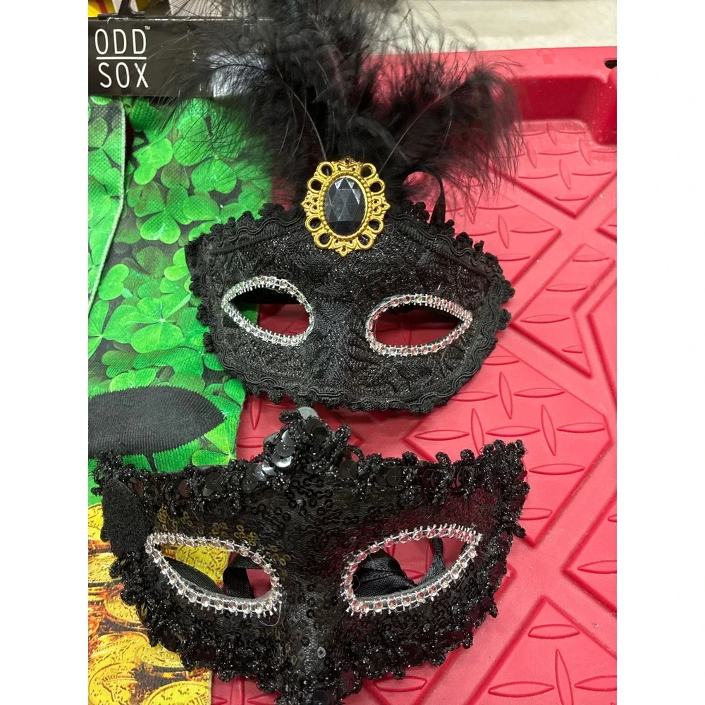 Odd Sox St Patricks Day Shamrock Gold Socks & 2 Black Masquerade Masks Bundle